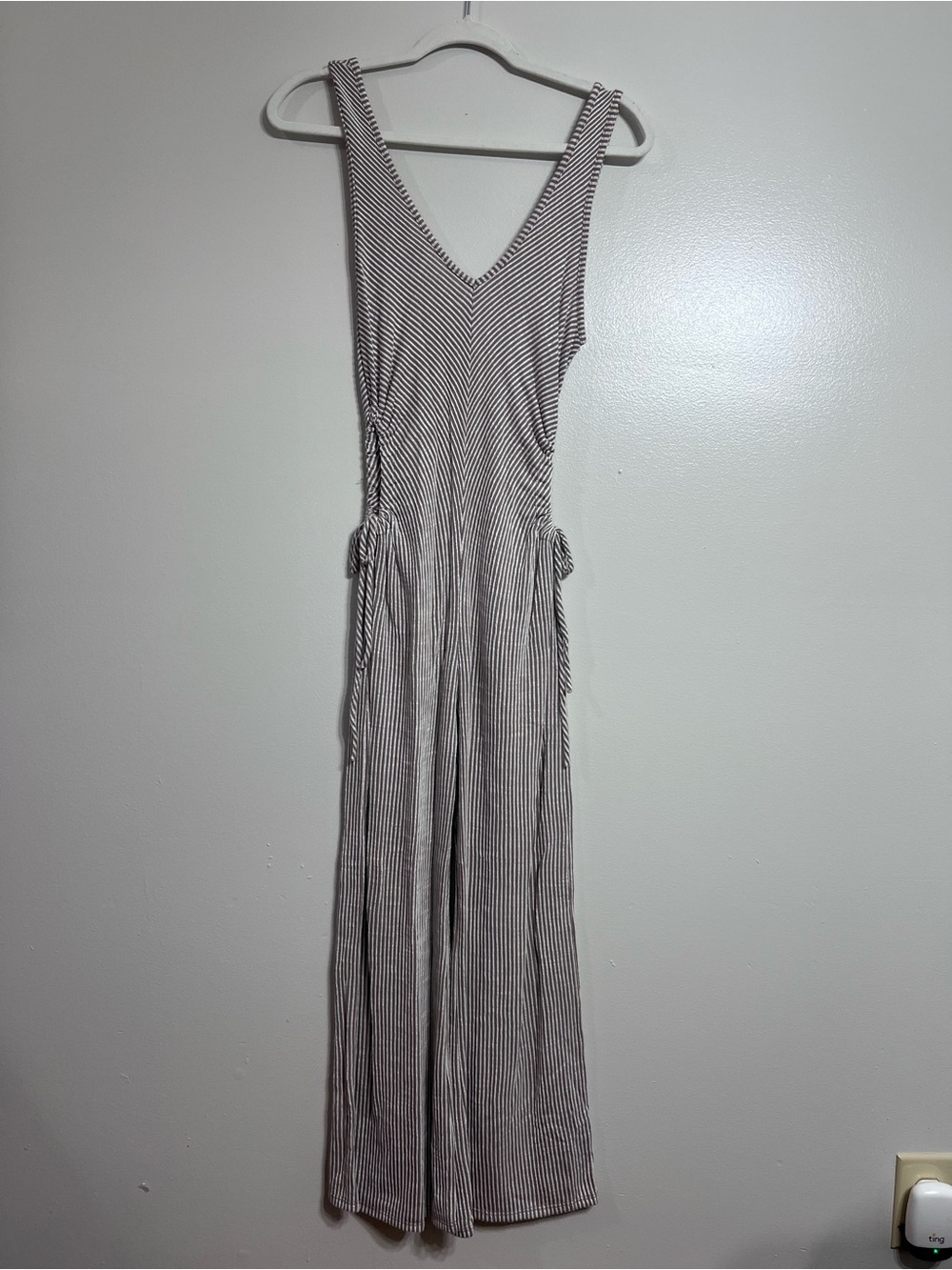 Caution To The Wind Striped V-Neck Maxi Jumpsuit - Gray & White